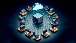 Ilustración de una central telefónica conectada en la nube con ordenadores, teléfonos y servidores empresariales