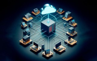 Ilustración de una central telefónica conectada en la nube con ordenadores, teléfonos y servidores empresariales