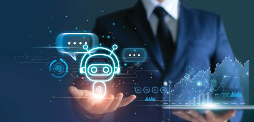 Ejecutivo con hologramas digitales y un chatbot representando tecnología y conectividad, relacionado con la elección de un buen ISP para empresas.